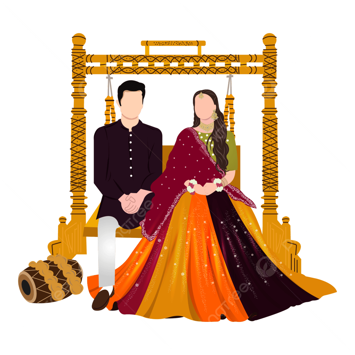 Indian Wedding Clipart Containing Bride And Groom Wearing Yellow Colour ...